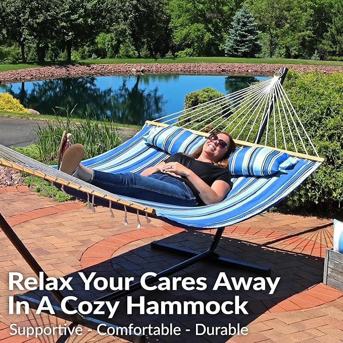 Sunnydaze Quilted Double Hammock for Outside with Spreader Bars and Pillow - 450 lb Capacity, 74x55 Inch Bed, UV Resistant, Quick Dry - Chains Included, Stand Sold Separately - Misty Beach - Image 4