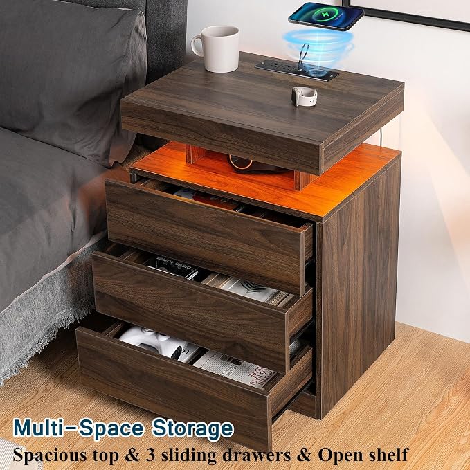 HOMMPA Set of 2 Rustic Brown Nightstands with Wireless Charger Station LED Bedside Table with 3 Drawers Walnut Wood End Table with Open Shelf Smart Nightstand Tall Night Stand with Light for Bedroom - Image 5