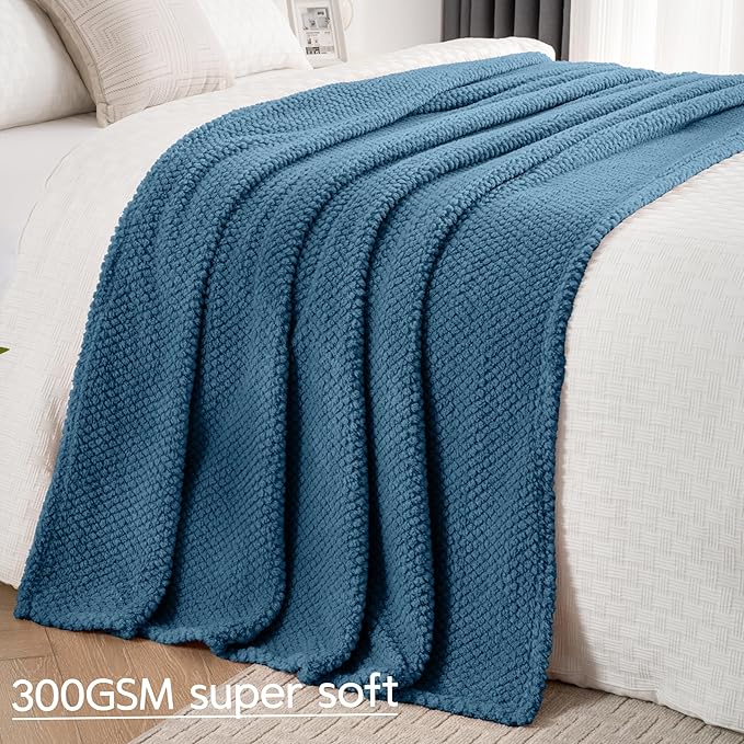 Blue Soft Fleece 300GSM Large Queen Blanket for Couch Cozy Flannel Room Decorative Blankets, Lightweight Plush Blanket for Bed Sofa, 90x90