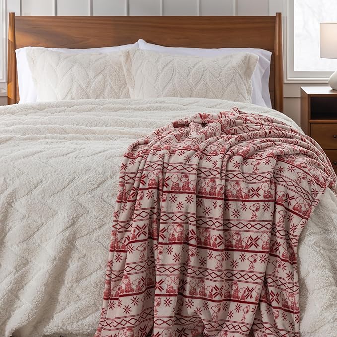 Berkshire Peanuts® VelvetLoft® Cute Character Snoopy Plush Blanket,Cozy Fairisle Crimson Neutral,King 90 in x 108 in (Official Peanuts® Product)