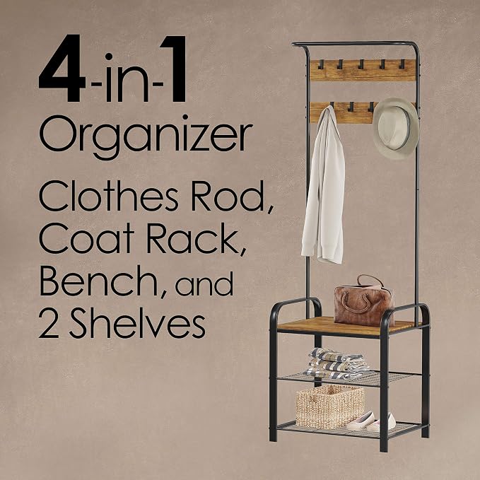 Lavish Home Entryway Bench with Coat Rack - Metal Hall Tree with Seat, Hooks, and Shoe Storage - Rustic Farmhouse Freestanding Mudroom Furniture - Image 2