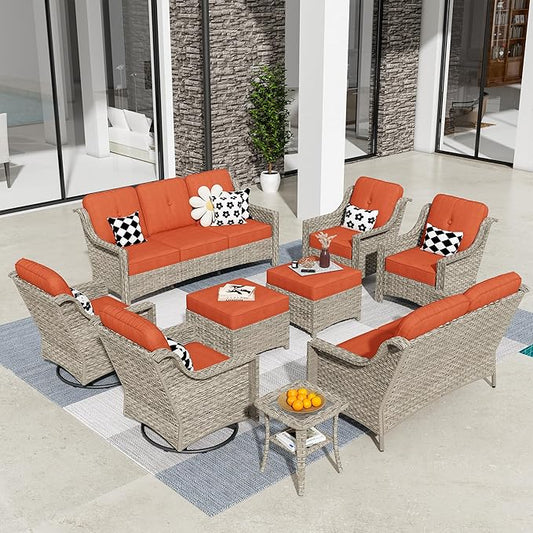 HOOOWOOO 9 Piece Patio Furniture Conversation Sets with Swivel Rocking Chairs,Outdoor Wicker Furniture with Ottoman,All Weather Resistant High Back Rattan Conversational Set(Red)