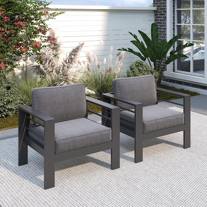 Solaste Patio Furniture Metal Armchair,2 PCS All-Weather Aluminum Garden Outdoor Contemporary Sofa Chair with Cushions, Grey by Solaste