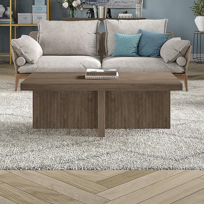 Henn&Hart 44" Fluted Rectangular Wood Pedestal Low-Profile Coffee Table with Ribbed Pedestal Base for Living Room, Family Room or Office, Weathered Gray