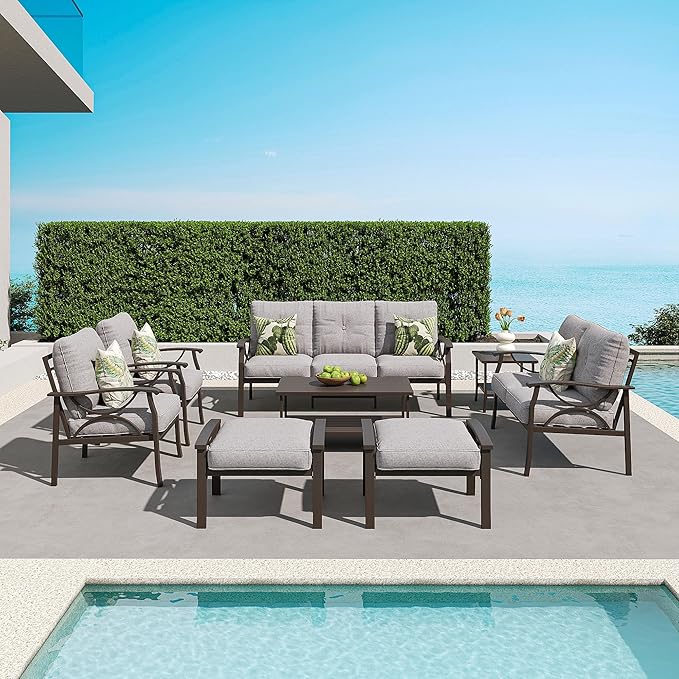 RoyalCraft Outdoor Patio Furniture Set, 8 Piece Patio Conversation Set with Coffee Table Side Table and Ottomans, Metal Furniture Set for Porch Backyard Garden, Grey