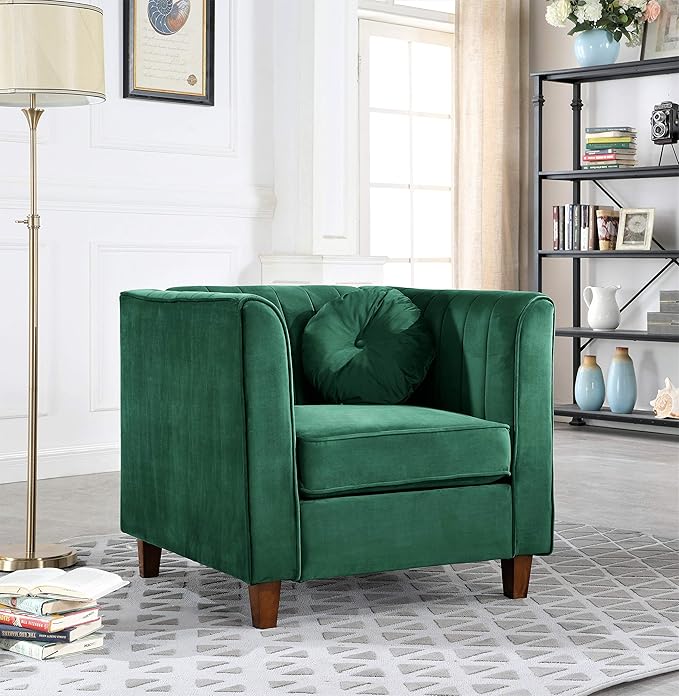 Arvilla Velvet Chair with Bolster Pillows, Soft Upholstery, Mid Century Modern Design, Chesterfield-Inspired Accent Armchair for Living Rooms, Lush Green