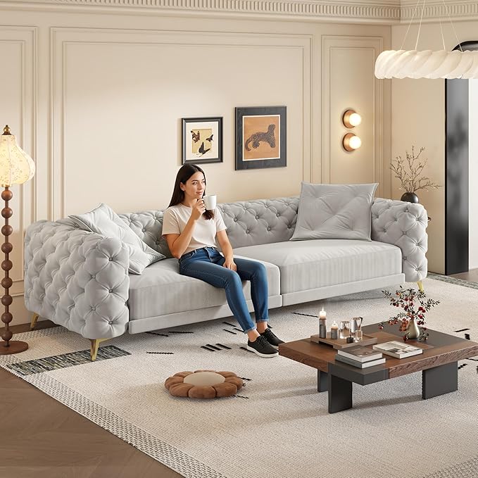 Ball & Cast 3-in-1 Convertible Sleeper Sofa with Movable Ottoman,97.7" Velvet Pull Out Sofa Bed, Modern Button Tufted 4-Seater Sofa Couch with Deep Seat for Living Room, Apartment,Office,Light Grey