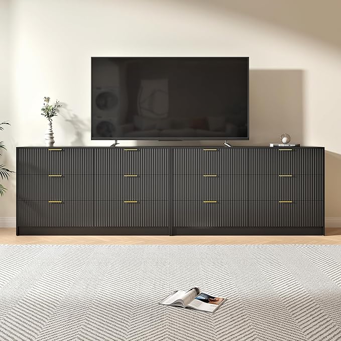 Black Dresser Set of 2, Large Dresser for Bedroom Wooden with 12 Drawers, Fluted Modern Bedroom Furniture Set, TV Stand Dressers & Chests of Drawers for Closet (15.7"D x 110.2"W x 31.8"H)