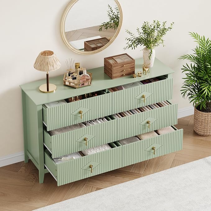 GarveeHome Fluted Dresser for Bedroom, 54 Inch Wide 6-Drawer Wood Dresser, Modern Chest of Drawers, Storage Organizer Cabinet for Living Room, Hallway, Entryway, Green - Image 6