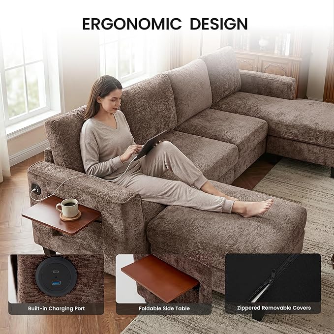 118" Sectional U-Shaped Cloud Couch, Modular Modern 4-Seat Sofa, with USB Type C Ports, Foldable Side Table and 2 Ottomans, for Home Living Room, Brown