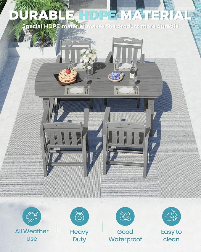Ciokea HDPE Outdoor Dining Set, 5-Piece Patio Table and Chairs Set with Umbrella Hole, All-Weather Patio Dining Sets for 4, Durable Patio Furniture for Backyard, Garden, Lawn & Poolside, Grey - Image 3