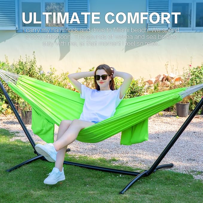PNAEUT Double Hammocks with Stand for Outside, Portable Space Saving Heavy-Duty Steel Stand for Indoor Outdoor Patio with Carrying Bag, 450 lbs Capacity (Green) - Image 2