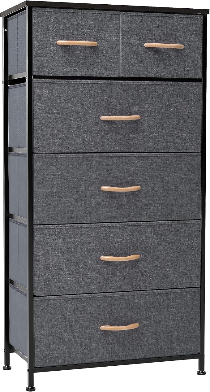 Crestlive Products Vertical Dresser Storage Tower - Sturdy Steel Frame, Wood Top, Easy Pull Fabric Bins, Wood Handles - Organizer Unit for Bedroom, Hallway, Entryway, Closets - 6 Drawers (Gray) by CrestliveProducts