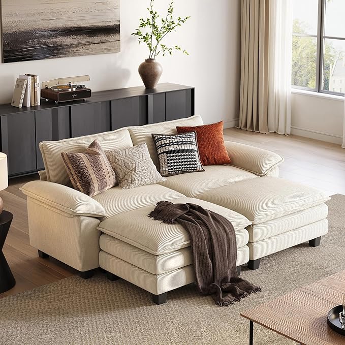LINSY HOME Modular Sectional Sofa - Oversized Corduroy Cloud Couch with Movable Ottoman Soft Modern Comfy Sofa Set for Living Room Apartment Office, Beige