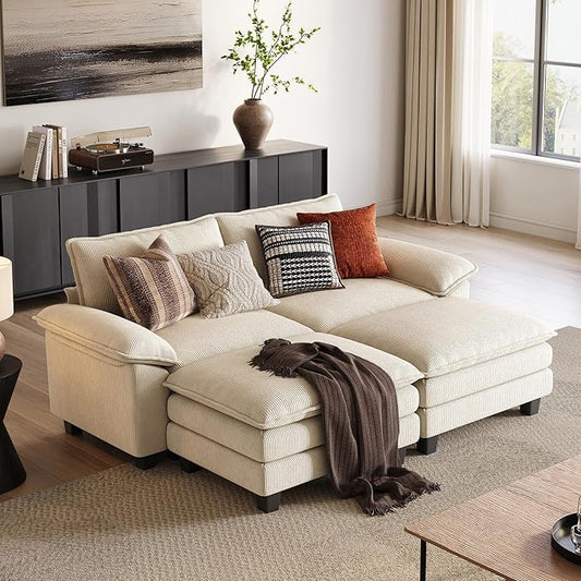 LINSY HOME Modular Sectional Sofa - Oversized Corduroy Cloud Couch with Movable Ottoman Soft Modern Comfy Sofa Set for Living Room Apartment Office, Beige