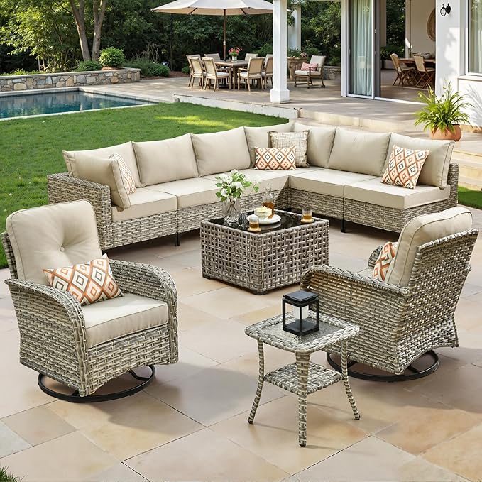 10 Piece Outdoor Patio Furniture with Swivel Rocking Chair, Rattan Wicker Conversation Set with Glowing Coffee Table, Sectional Single Chairs for Porch Balcony Backyard Pool,Beige