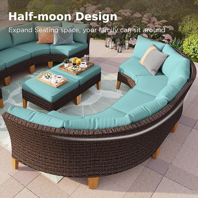 PHI VILLA Half Moon Patio Furniture Set with 56" Fire Pit Table, Outdoor Curved Wicker Sectional Sofa with Cushions and Ottomans, Aqua Blue