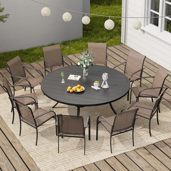 VICLLAX Round Outdoor Dining Set, Patio Table and Chairs Set Set of 10 Patio Stackable Chairs and 63" Outdoor Round Table with Umbrella Hole for Backyard Lawn Garden, Brown Chairs and Black Table by HOME