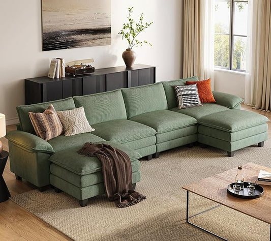 LINSY HOME 157'' Modular Sectional Sofa Green Couch Corduroy Cloud Couches for Living Room, U Shaped Couch with Movable Ottoman, Modern Cloud Sectional Sofas for Bedroom and Apartment, Green