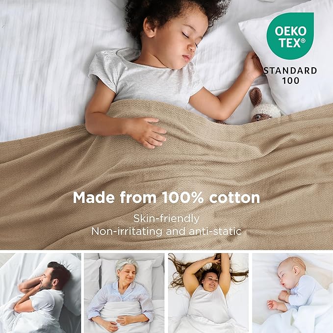 Bedsure GentleSoft 100% Cotton Blanket Full Size for Bed - Breathable and Lightweight, Soft Cozy Textured Herringbone Woven Blanket for Summer Spring, Linen Beige, 80x90 inches