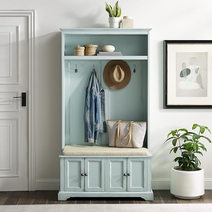 Crosley Furniture Holbrook Hall Tree with Shoe Rack Bench and Coat Hooks for Hanging Storage, Distressed Seafoam Blue - Image 7