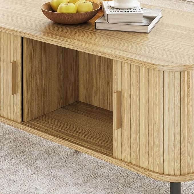 Coffee Table with Storage, 47.2" Mid Century Modern Coffee Tables for Living Room, Rectangle Wood Center Table with Sliding Tambour Door & Adjustable Leg for Living Room, Oak