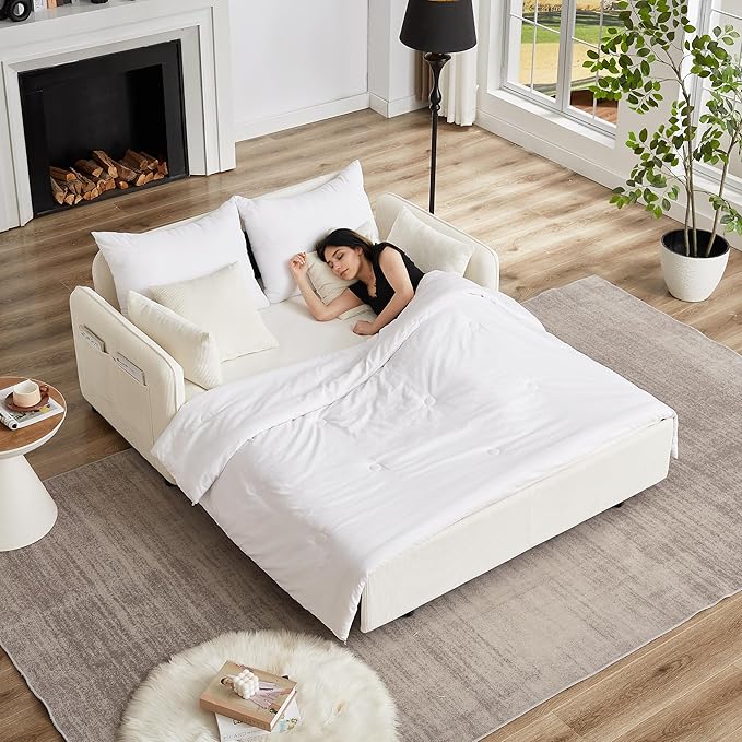 Ball & Cast 66" Convertible Sofa Bed,3-in-1 Corduroy Loveseat Sleeper Pull Out Couch Bed with Pillows and Side Pockets, Deep Seat Comfy Sofa Couches for Living Room,Apartment,Beige