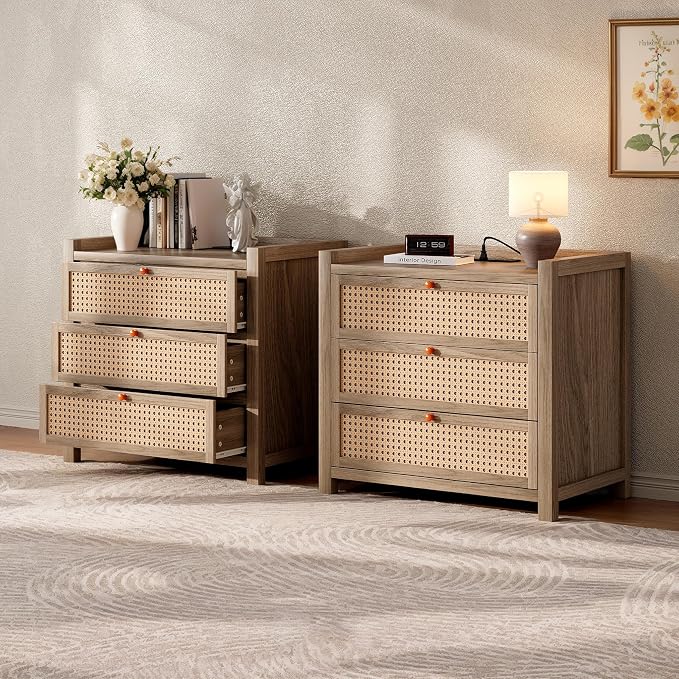 LGHM Set of 2 Large Night Stand with 3 Drawers, Nightstand for Bedroom with Type-C Charging Station, Boho Bed Side Table with Drawers,30" W End Table for Bedroom, Living Room,Natural - Image 9