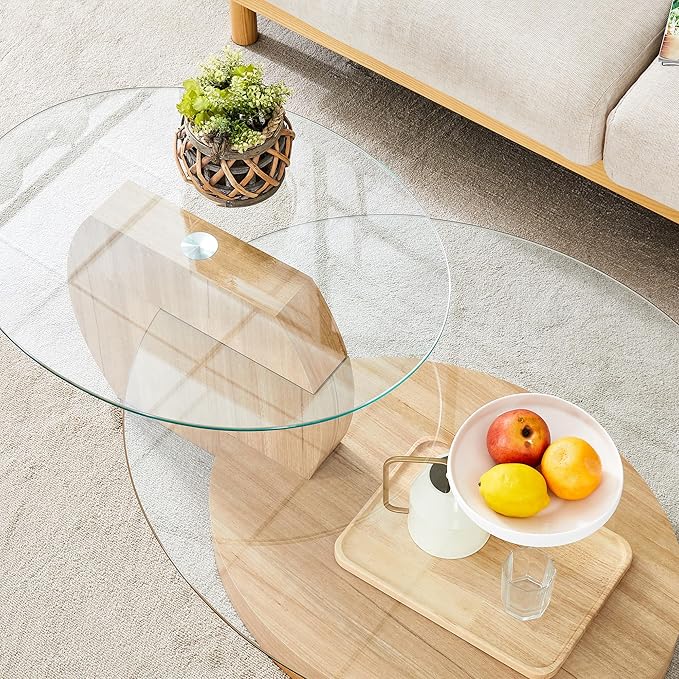 Ebullient Glass Coffee Table, 47" Oval Coffee Table, 2-Tier Glass Tabletop with Light Wood Base, Easy to Maintain and Assemble, Ideal for Dining Room, Living Room