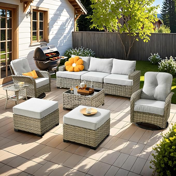 ovios 9 Piece Patio Sectional Furniture with Swivel Rocking Chairs, Rattan Wicker Coversation Set with Glowing Coffee Table, Outdoor Sofa Set for Outside Porch Balcony Backyard Pool, Light Grey