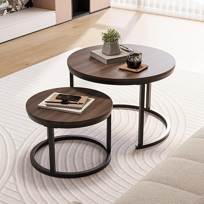 HOJINLINERO Round Coffee Table,Nesting Coffee Table Set of 2,Center Tables for Living Room,Office, Home Small Space,Stacking Side Tables,Sturdy and Easy Assembly,Wood Desktop,Walnut+Black,Large
