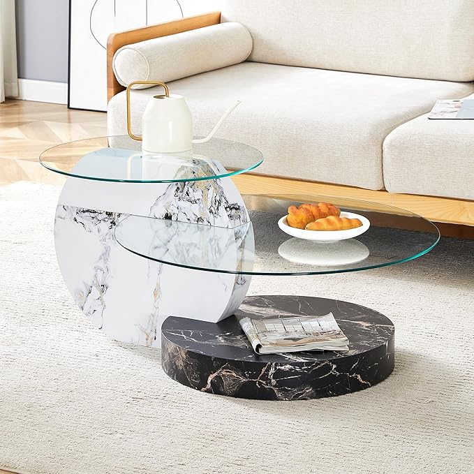 35.4" Glass Coffee Table, Round Coffee Table, 2-Tier Tempered Glass Tabletop with White and Black Faux Marble Base, Modern Center Table for Living Room, Home, Apartment, Ideal for Small Space