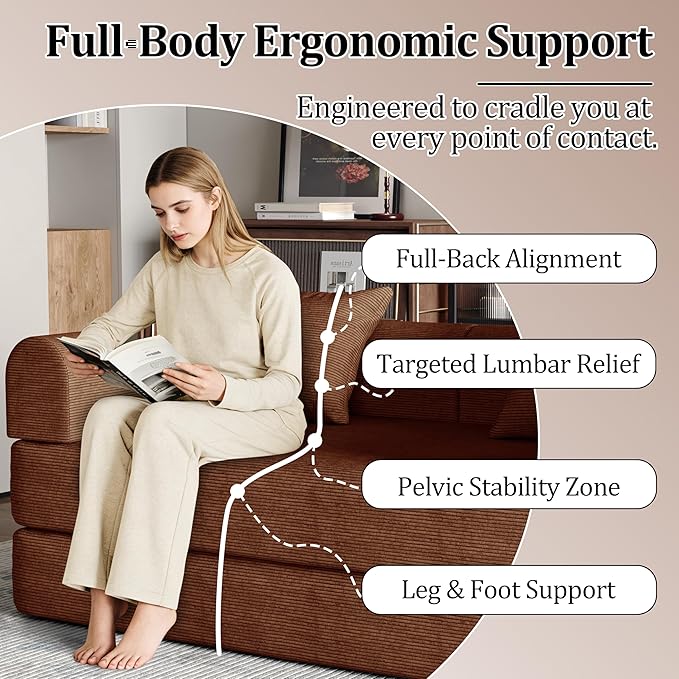 53.15'' Convertible Compressed Corduroy Folding Cloud Sofa Bed, Modern Boneless Pull Out Loveseat Sleeper in a Box, 4 in 1 Floor Mattress Futon Cloud Couch, No Assembly Needed, Caramel, Pillows, Full