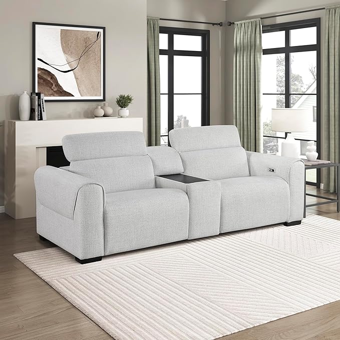 Lexicon Power Reclining Sectional Couches for Living Room-Modular Sectional Sofa, Wall Hugger, 2 Recliner Seats, Console Cup Holders, Power Headrests, Charging Ports, 2 Seater Couch, Chenille Cloud