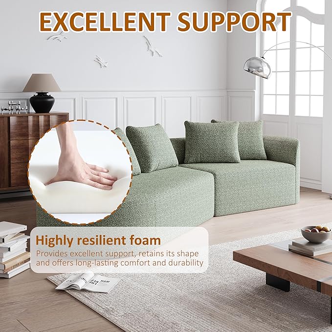 112" Modern Cloud Sectional Sofa, Chenille 4-Seater Curved Couch with 4 Pillows, Extra Deep & Wide Seat, No-Assembly Compressed Upholstered Living Room Sofa for Bedroom,Apartment,Green Right