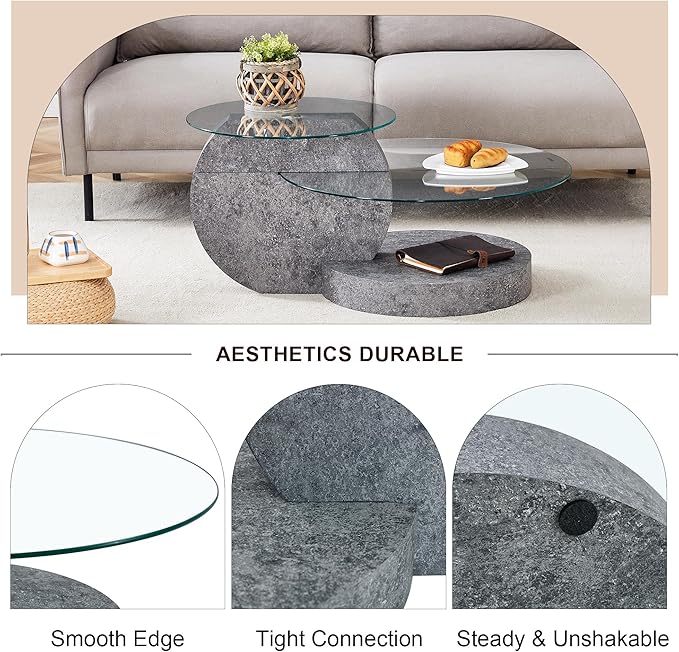 Modern Glass Coffee Table,Small Round Coffee Tables, 35" 3-Tier Circle Wood Coffee Table for Living Room Rustic Circle Center Cocktail Table with Tempered Glass, Unique Accent Table for Small Spaces