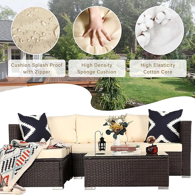 PAOLFOX5 Piece Rattan Patio Furniture Set, Outdoor Patio Conversation Set with Table,Soft Cushion and Backrest,Modern Chairs and Table Sets,Outdoor Furniture for Porch, Garden, Lawn,Grey/Beige