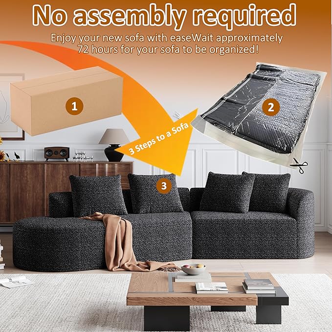 112" Modern Cloud Sectional Sofa, Chenille 4-Seater Curved Couch with 4 Pillows, Extra Deep & Wide Seat, No-Assembly Compressed Upholstered Living Room Sofa for Bedroom,Apartment,Black Right