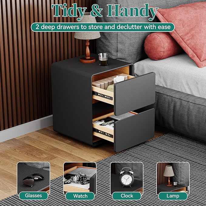 15.8" W Faux Leather Narrow Nightstand, Modern Fully-Assembled Bedside Table with 2 Drawers, Wood Night Stand Small Accent End Table & Side Table for Bedroom, Black - Image 3