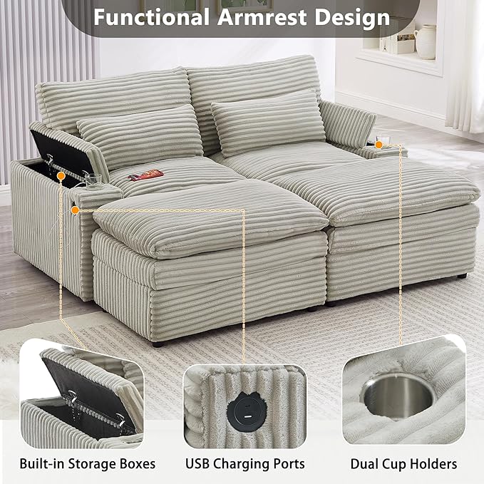 Modular Sectional Sofa Convertible Loveseat Couch,2-Seater Deep Seat Loveseat Sofas Fluffy Corduroy Cloud Couches with Movable Ottoman, Storage Armrest,USB Ports, Cup Holders