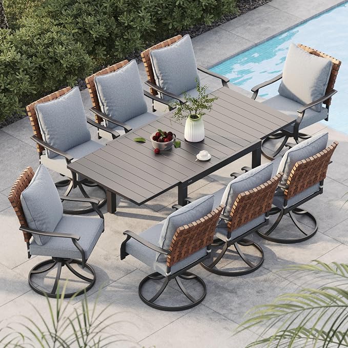 Grand patio 9-Piece Outdoor Dining Set, 8 Leather-Look Wicker Swivel Patio Chairs & 1 Extendable Rectangular Dining Table, Black by GrandPatio