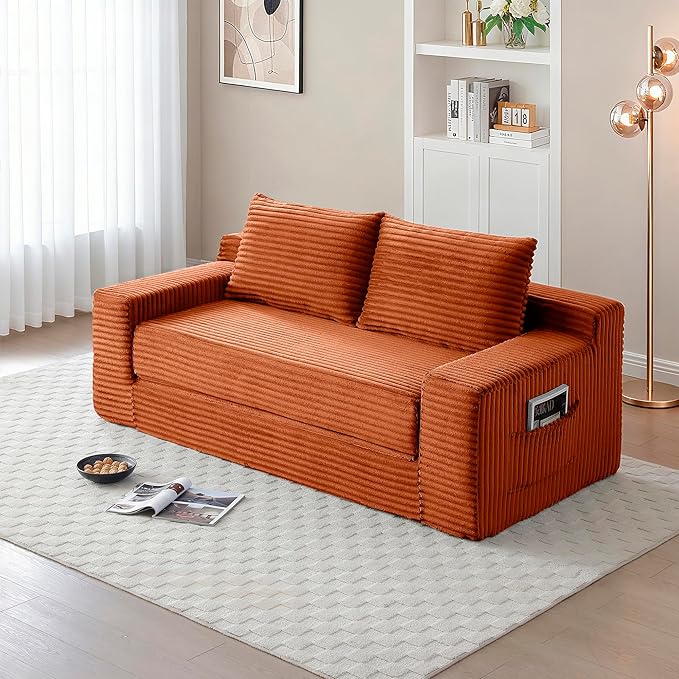 73" Convertible Sofa Bed, 2 in 1 Corduroy Folding Couch with Pillows, No Assembly Boneless Compression Sofa in Box, Loveseat with Side Storage Pocket for Apartment, Living Room, Orange