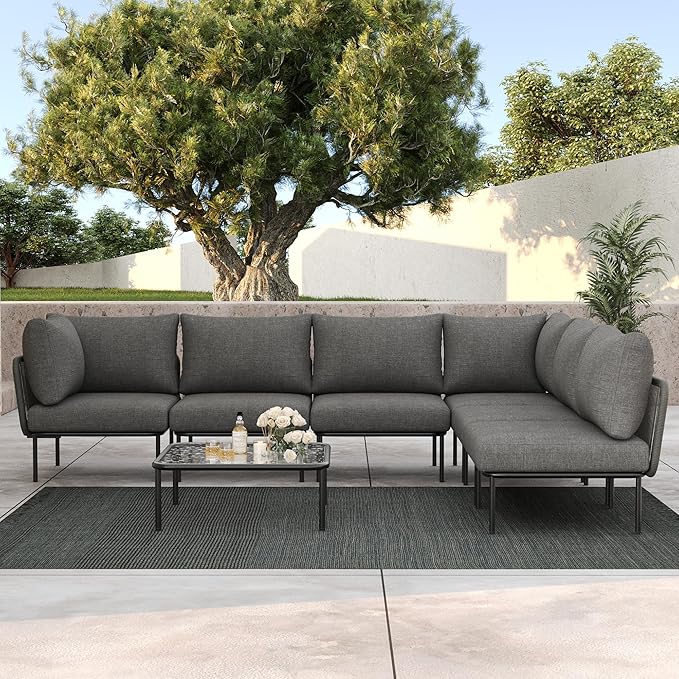 LayinSun 2 Pieces Aluminum Patio Furniture Set, Modern Modular Sectional Middle Chairs and Upgrade Thickness Cushion