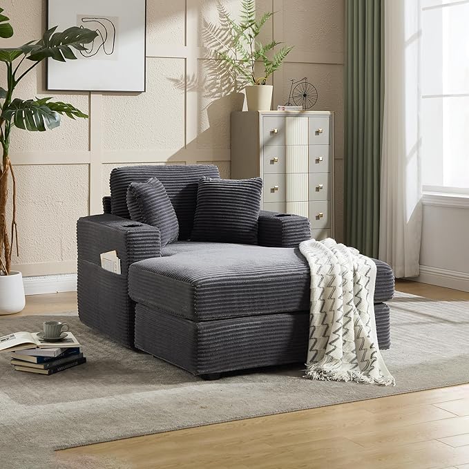 KEIKI Oversized Accent Chair with Ottoman, Chaise Lounge Chair Indoor with Cupholders, Oversized Sofa Bed, Deep Seat Sleeper Couch Reading Chairs for Living Room, Gray
