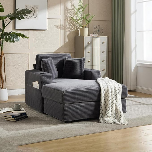 KEIKI Oversized Accent Chair with Ottoman, Chaise Lounge Chair Indoor with Cupholders, Oversized Sofa Bed, Deep Seat Sleeper Couch Reading Chairs for Living Room, Gray