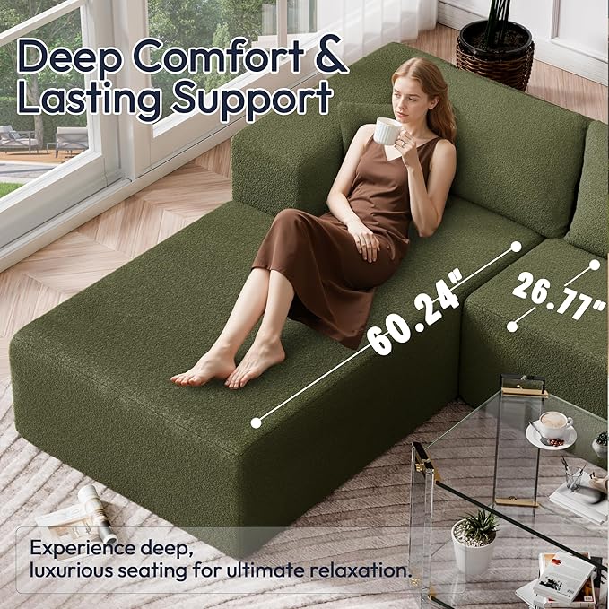Cloud Sectional Couch, 105" Modular Sectional Sofa with Right Chaise Lounge, Modern Modular L-Shape Sofa with Pillows & Deep Seat, Wool Fabric Boneless Couches for Living Room Bedroom, Green