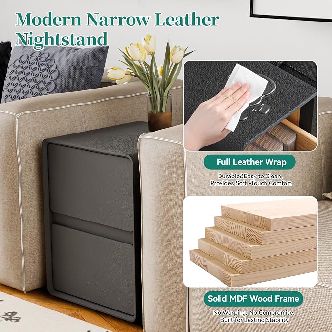 15.8" W Faux Leather Narrow Nightstand, Modern Fully-Assembled Bedside Table with 2 Drawers, Wood Night Stand Small Accent End Table & Side Table for Bedroom, Black - Image 6