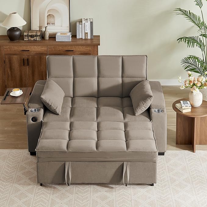 Eafurn Convertible Sleeper Sofa Bed with 360° Swivel Table & USB Ports, Tufted Chenille Loveseat Pull-Out Couch with Storage Armrest & Cup Holders, 6-Level Adjustable Backrest