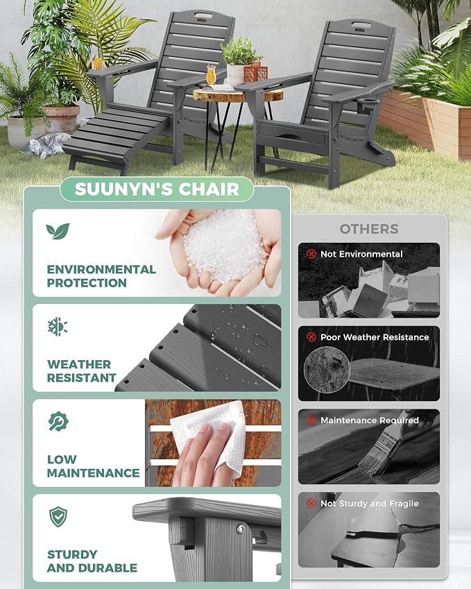Adjustable Adirondack Chairs Set of 4 with Retractable Ottoman, HDPE Folding Adirondack Chair with Cup Holders, Weather Resistant for Backyard, Poolside & Fire Pit (Grey) - Image 6