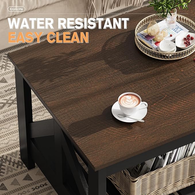 YESHOMY Farmhouse Coffee Table, Coffee Tables for Living Room, Farmhouse Square Coffee Table with Storage, Couch Table, Small Tables for Small Spaces, Brown and Black